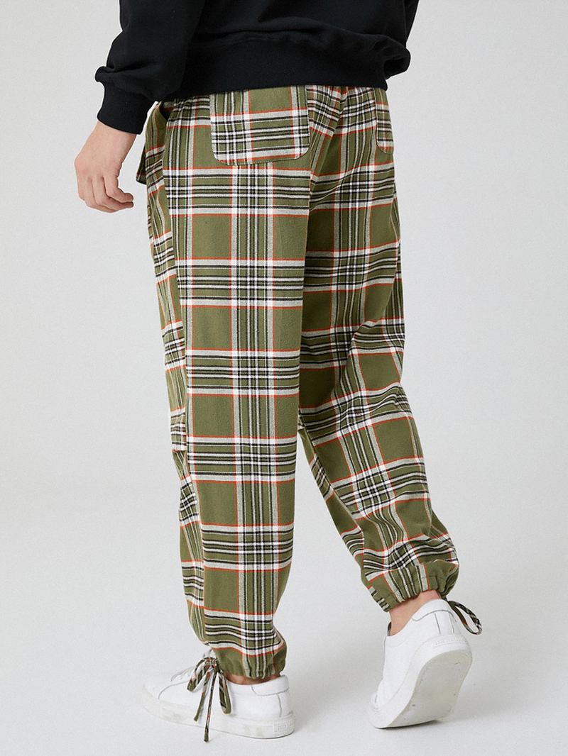Herr Bomull Pläd Multi Pocket Casual Dragsko Elastiska Midja Joggingbyxor