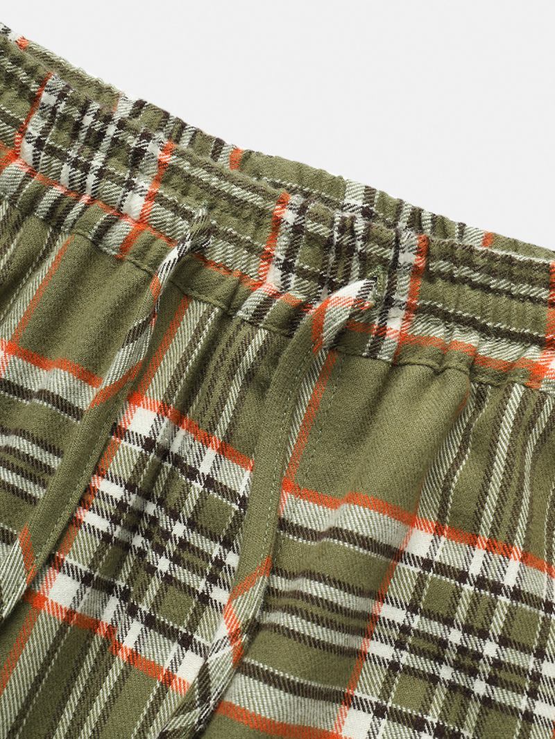 Herr Bomull Pläd Multi Pocket Casual Dragsko Elastiska Midja Joggingbyxor