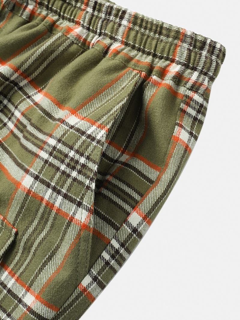 Herr Bomull Pläd Multi Pocket Casual Dragsko Elastiska Midja Joggingbyxor