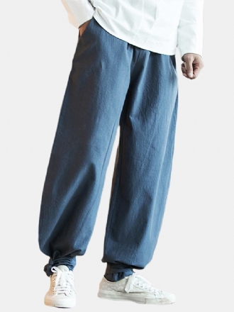 Herr Bomull Ren Färg Elastisk Midja Lösa Casual Byxor