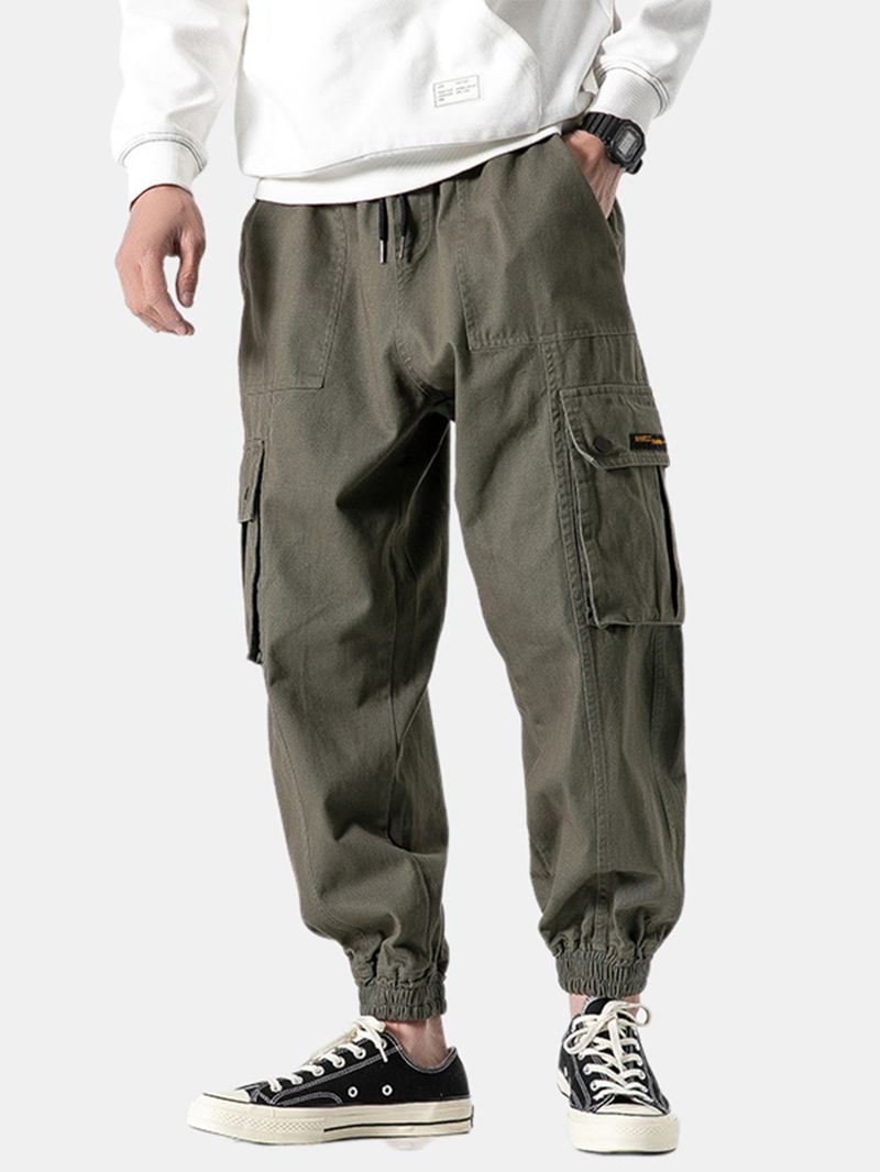 Herr Casual Elastiska Midja Fickor Ren Färg Raka Byxor