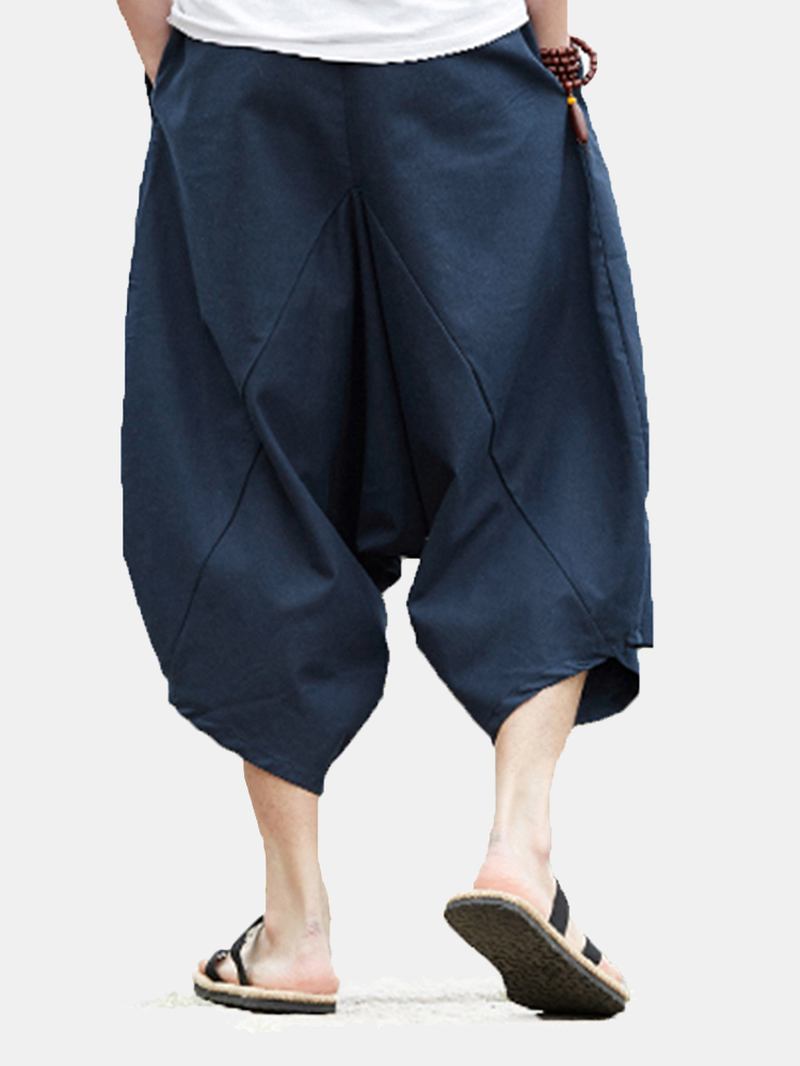Herr Casual Spold Färg 100% Bomull Dragsko Loose Fit Kalvlängd Byxor