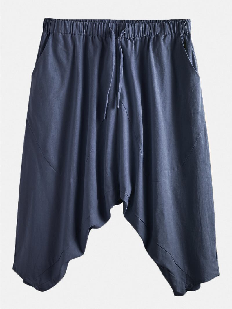 Herr Casual Spold Färg 100% Bomull Dragsko Loose Fit Kalvlängd Byxor