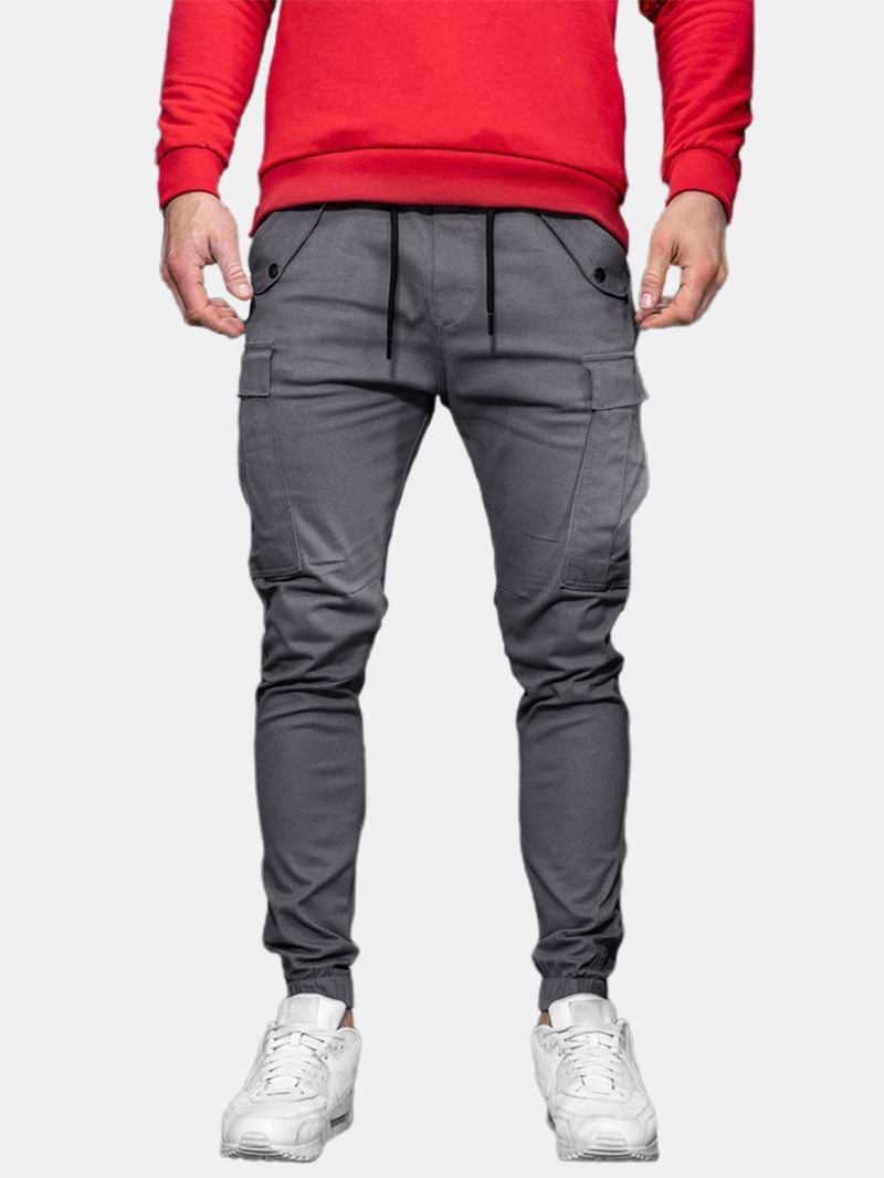 Herr Enfärgad Dragsko Med Mid Midja Overaller Pocket Cargo Pants