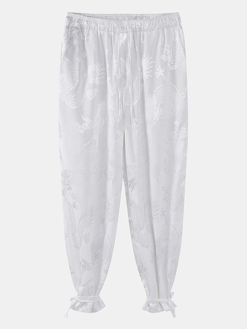 Herr Kinesisk Stil Elastisk Midja Knytfötter Casual Byxor Med Ficka
