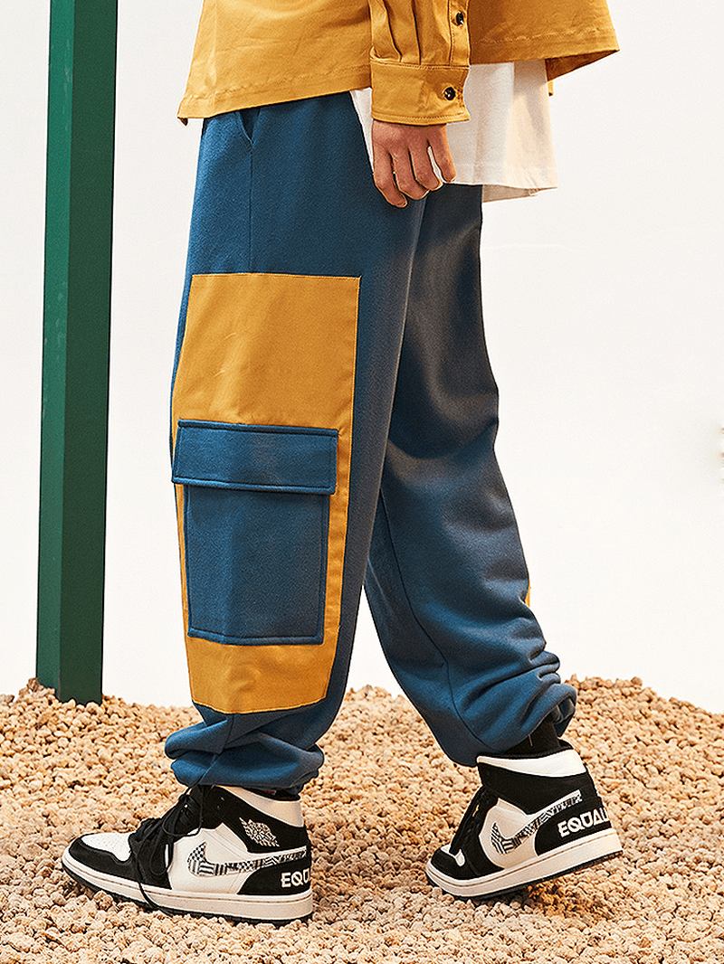 Herr Kontrastfärg Patchwork Flap Fick Elastisk Midja Casual Byxor