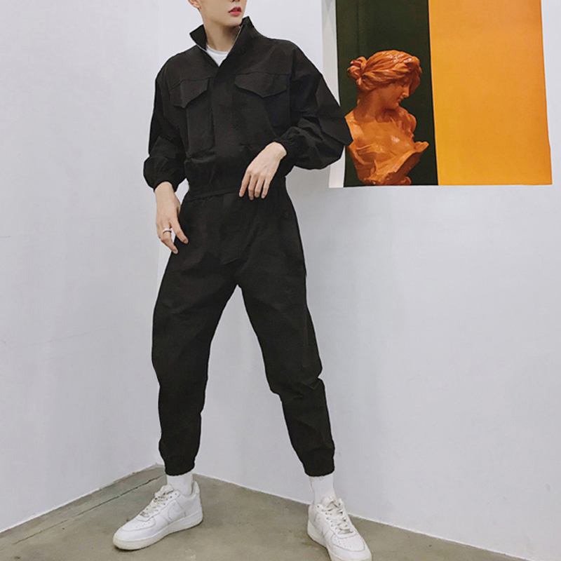 Herr Långärmad Romper Stativ Krage Jumpsuit Byxor Dragkedja Cargo Work Overall