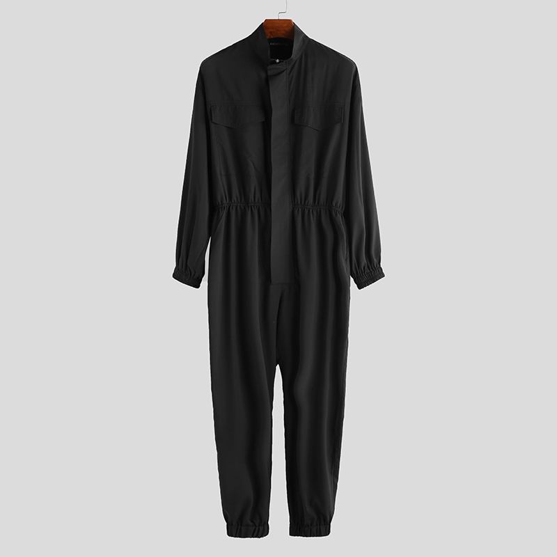Herr Långärmad Romper Stativ Krage Jumpsuit Byxor Dragkedja Cargo Work Overall