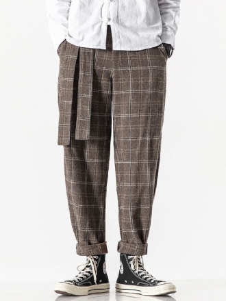 Herr Pläd Vintage Blixtlås Fly Belted Casual Byxor