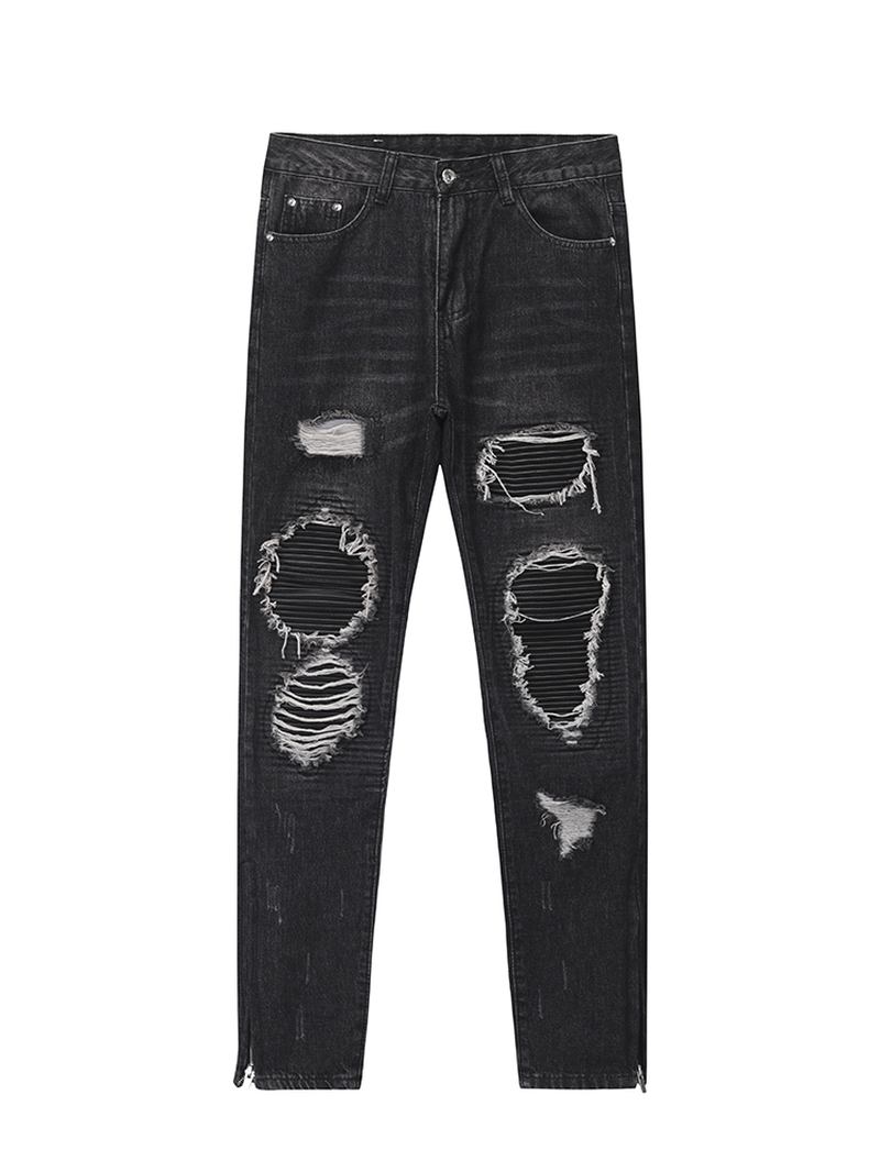 Herr Ripped Patch Pu Och Läder Dragkedja Jeans