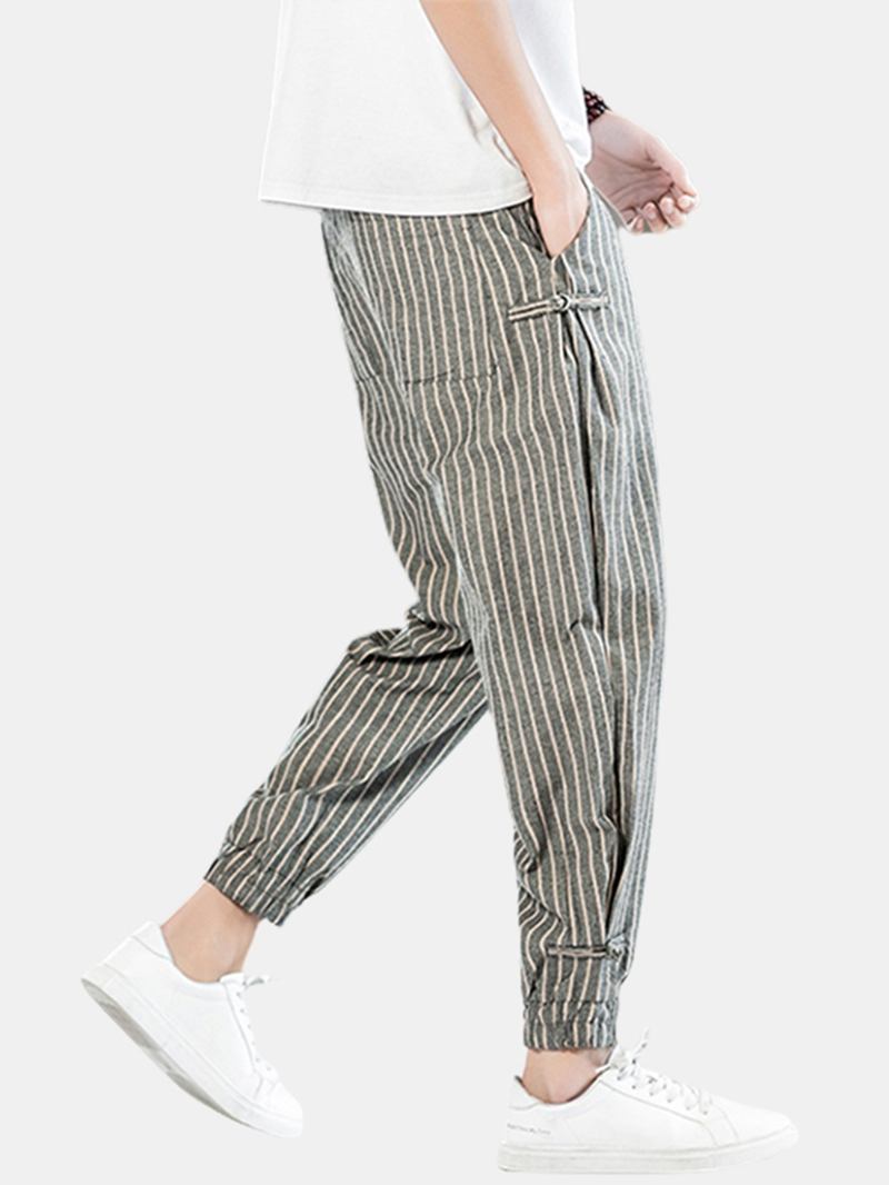 Herr Stripe Side Chinese Frog Dragsko I Bomull Linne Harem Byxor Med Ficka