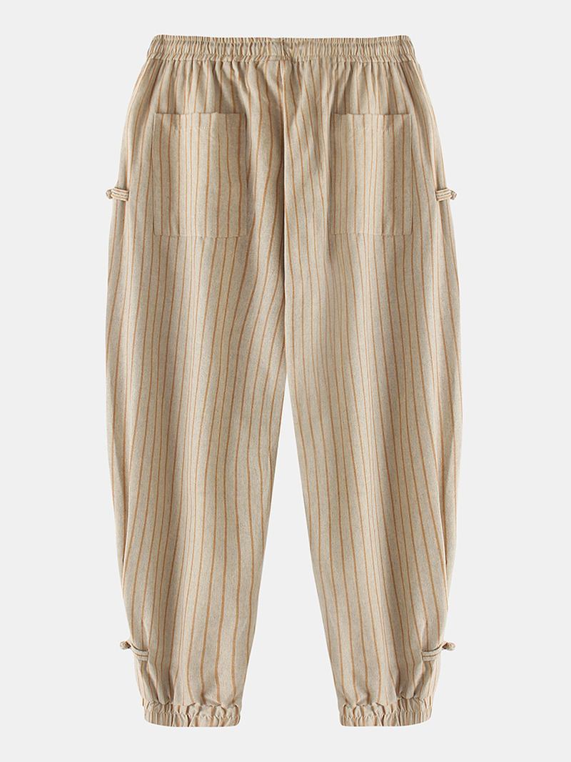 Herr Stripe Side Chinese Frog Dragsko I Bomull Linne Harem Byxor Med Ficka