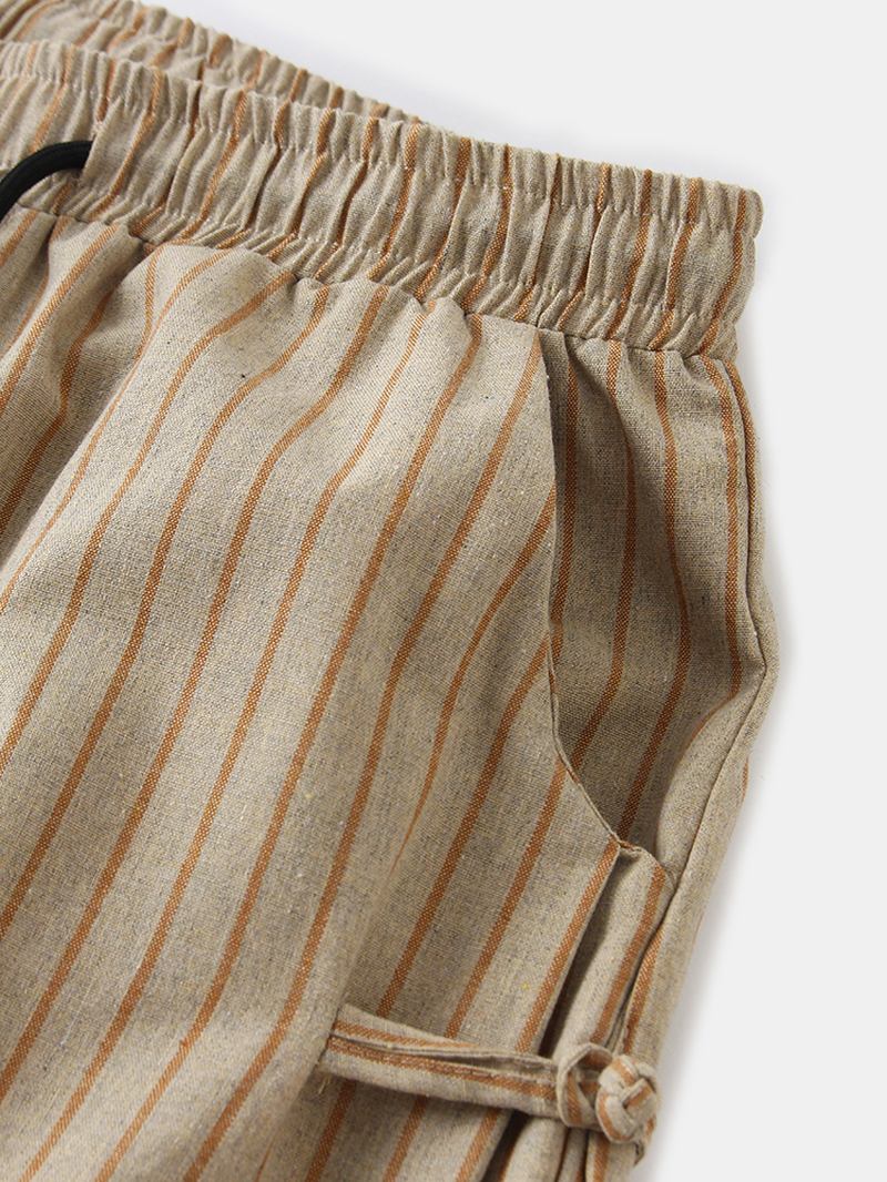 Herr Stripe Side Chinese Frog Dragsko I Bomull Linne Harem Byxor Med Ficka
