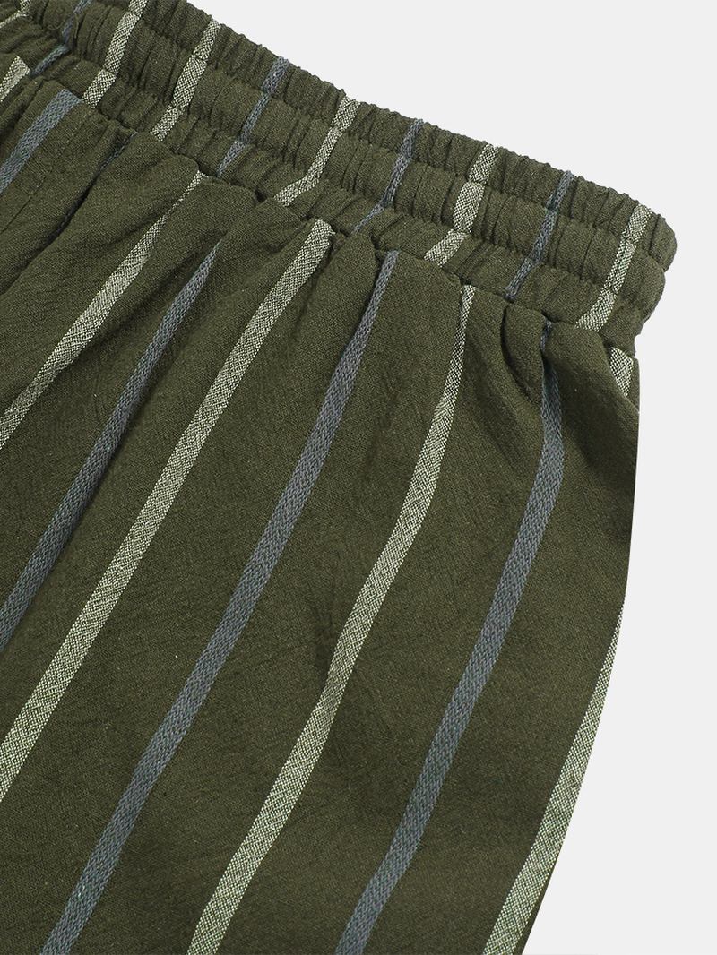 Herr Vintage Linne Stripe Elastiska Midja Casual Byxor
