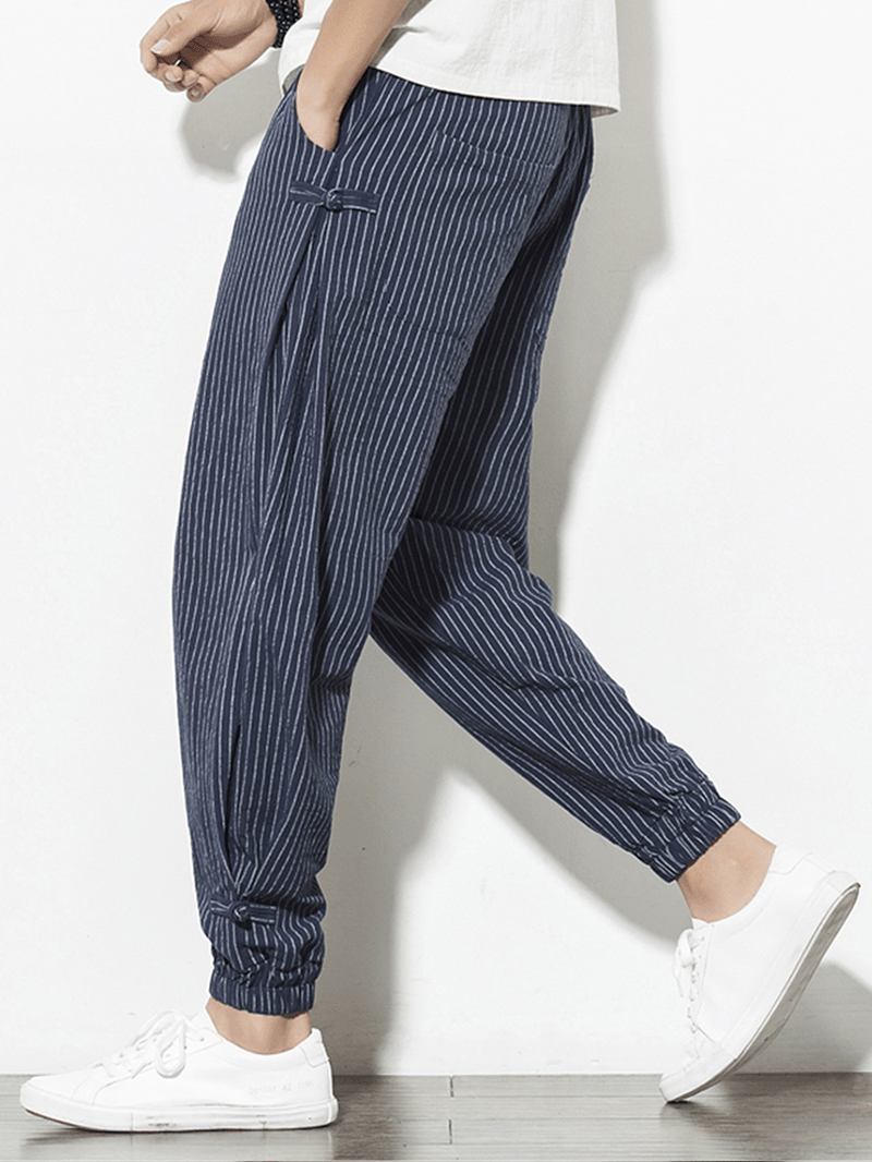 Herr Vintage Stripe 100% Bomull Enfärgad Dragsko Casual Byxor