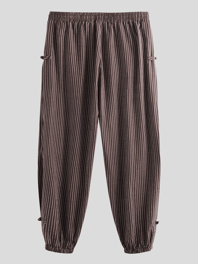 Herr Vintage Stripe 100% Bomull Enfärgad Dragsko Casual Byxor