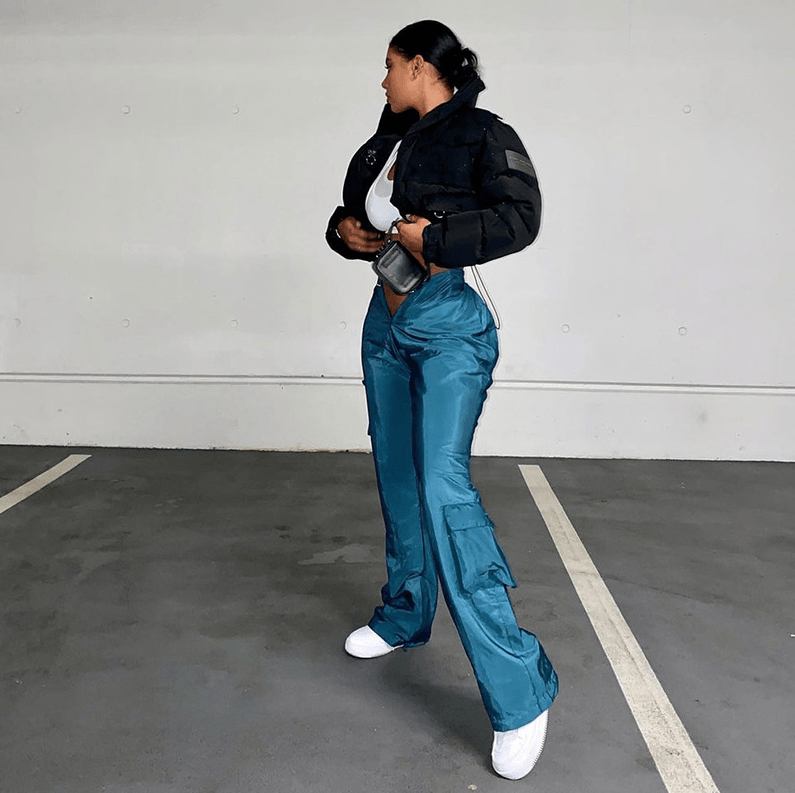 Hög Midja Massiva Rynkade Fickor Flare Cargo Byxor Vår Sommar Kvinnor Mode Sexig Streetwear Fritidsbyxa