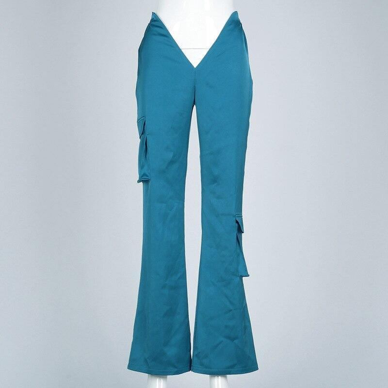 Hög Midja Massiva Rynkade Fickor Flare Cargo Byxor Vår Sommar Kvinnor Mode Sexig Streetwear Fritidsbyxa