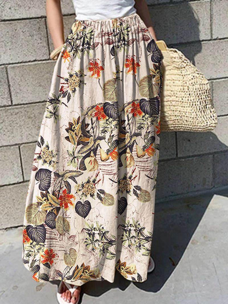 Kvinnor Blommönster Elastisk Midja Plisserad Casual Wide Leg Byxor Med Ficka