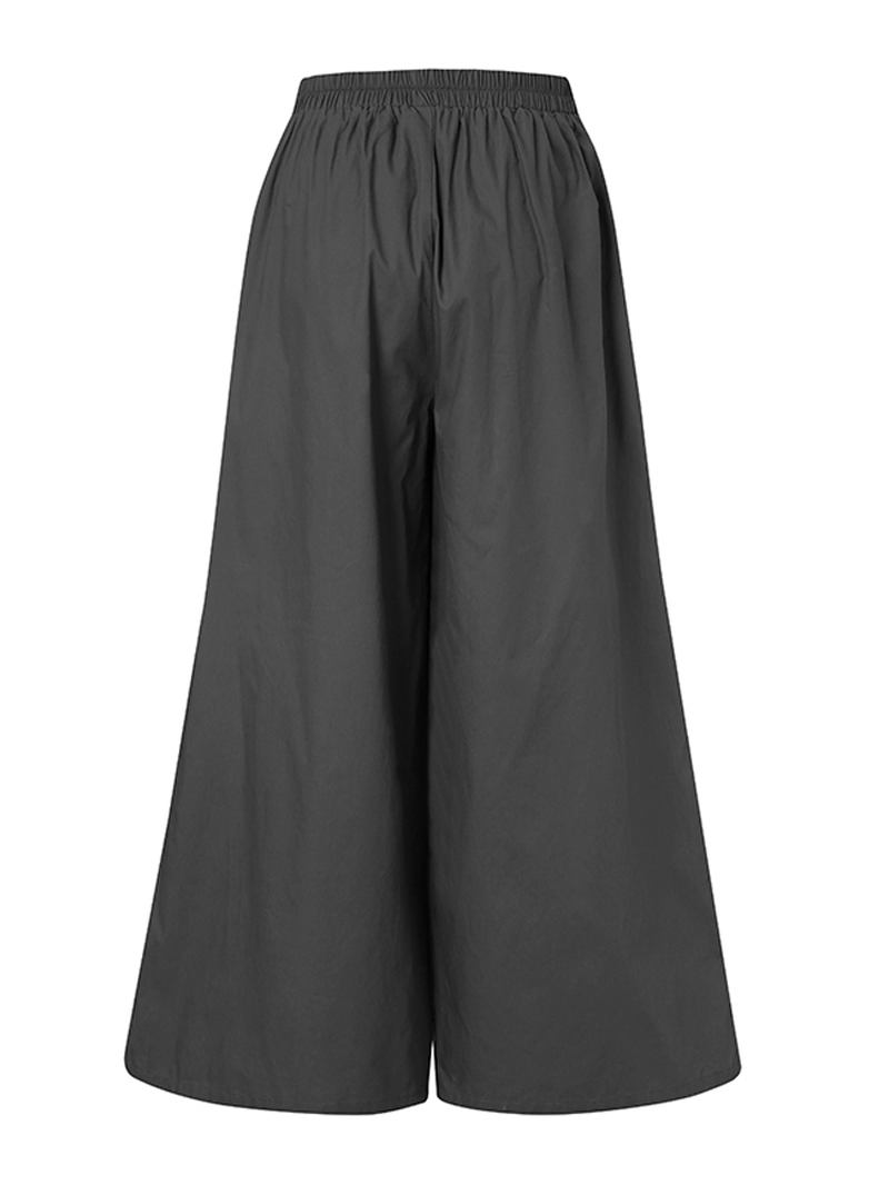 Kvinnor Bomullsficka Elastisk Midja Bred Ben Lösa Casual Byxor