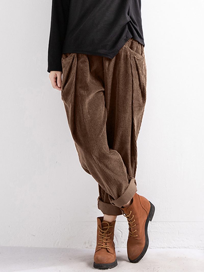 Kvinnor Casual Vintage Corduroy Loose Byxor Med Fickor
