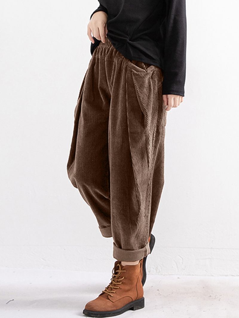 Kvinnor Casual Vintage Corduroy Loose Byxor Med Fickor