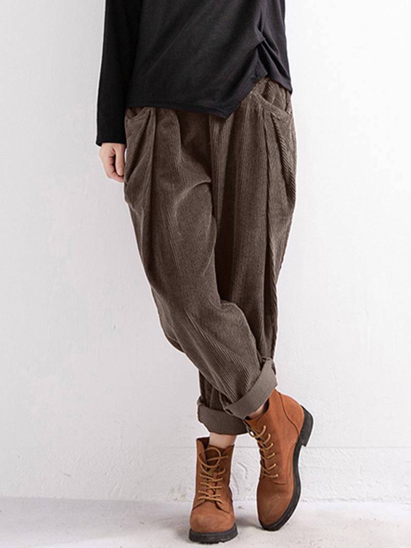 Kvinnor Casual Vintage Corduroy Loose Byxor Med Fickor