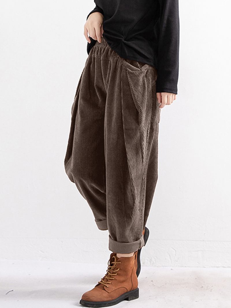 Kvinnor Casual Vintage Corduroy Loose Byxor Med Fickor