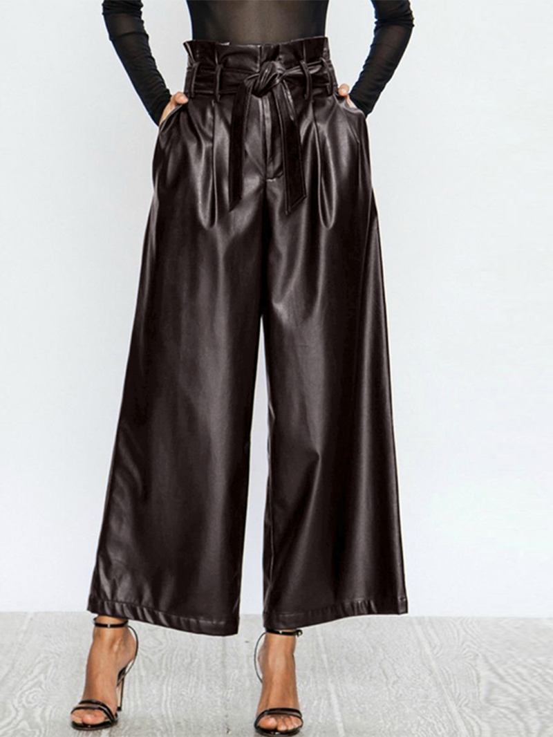 Kvinnor Causal Hög Midja Bälte Wide Leg Pocket Byxor