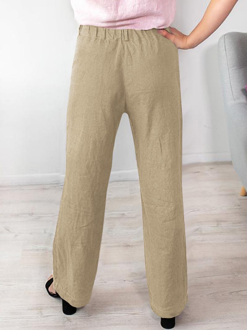 Kvinnor Enfärgad Elastisk Midja Knapp Lös Casual Pocket Byxor