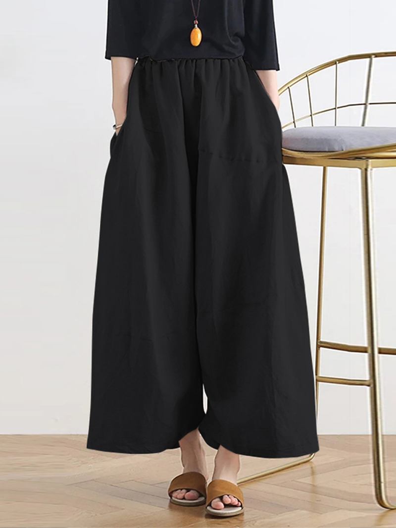 Kvinnor Enfärgad Patchwork Elastisk Midja Casual Byxor Med Vida Ben Med Sidofickor
