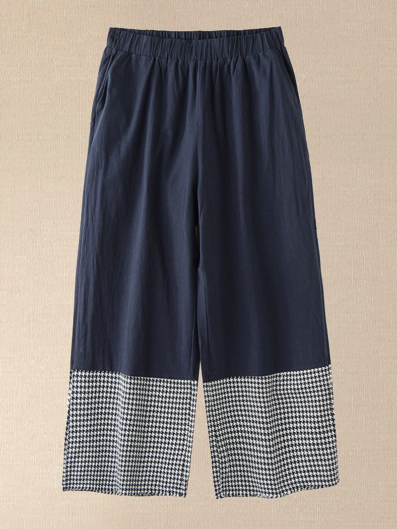Kvinnor Houndstooth Patchwork Lös Casual Elastisk Midja Med Vida Benbyxor