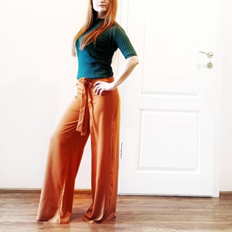 Kvinnor Orange Chiffongbyxor Med Vida Ben Hög Midja Dragsko Frontbyxor Palazzo Ol Elegant Långa Culottebyxor