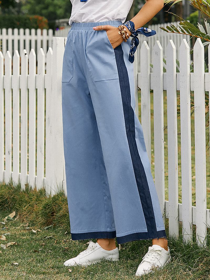 Kvinnor Patchwork Elastisk Midja Casual Byxor Med Vida Ben Med Ficka