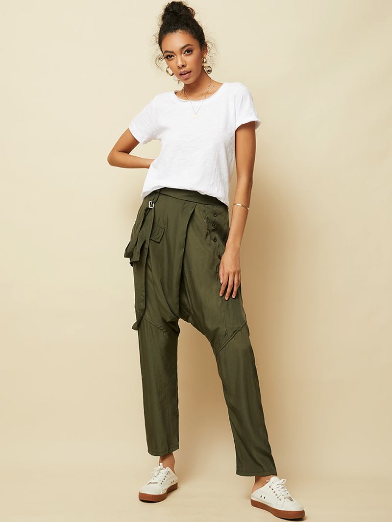 Kvinnor Solid Resår Midja Button Casual Byxor