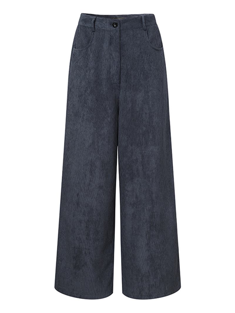 Kvinnor Vintage Corduroy Hög Midja Breda Ben Raka Blixtlås Byxor Med Ficka