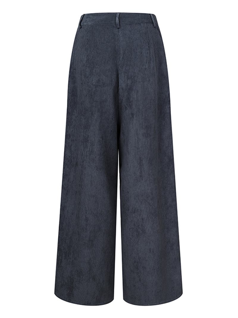 Kvinnor Vintage Corduroy Hög Midja Breda Ben Raka Blixtlås Byxor Med Ficka