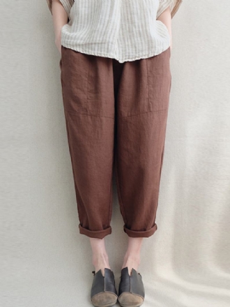 Kvinnor Vintage Hög Elastisk Midja Solid Lös Bomull Harem Byxor