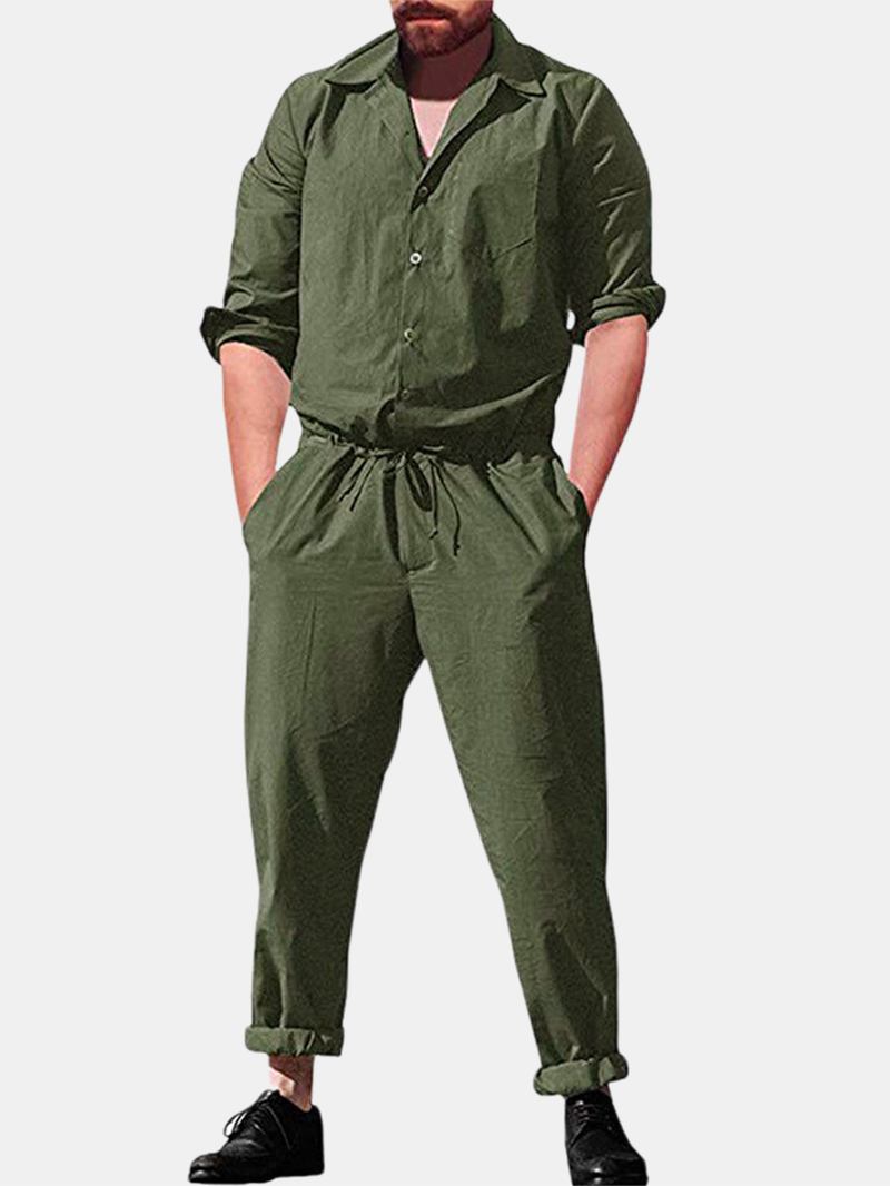 Män Casual Romper Långärmad Jumpsuit Stativ Krage Militär Overall Cargo Byxor