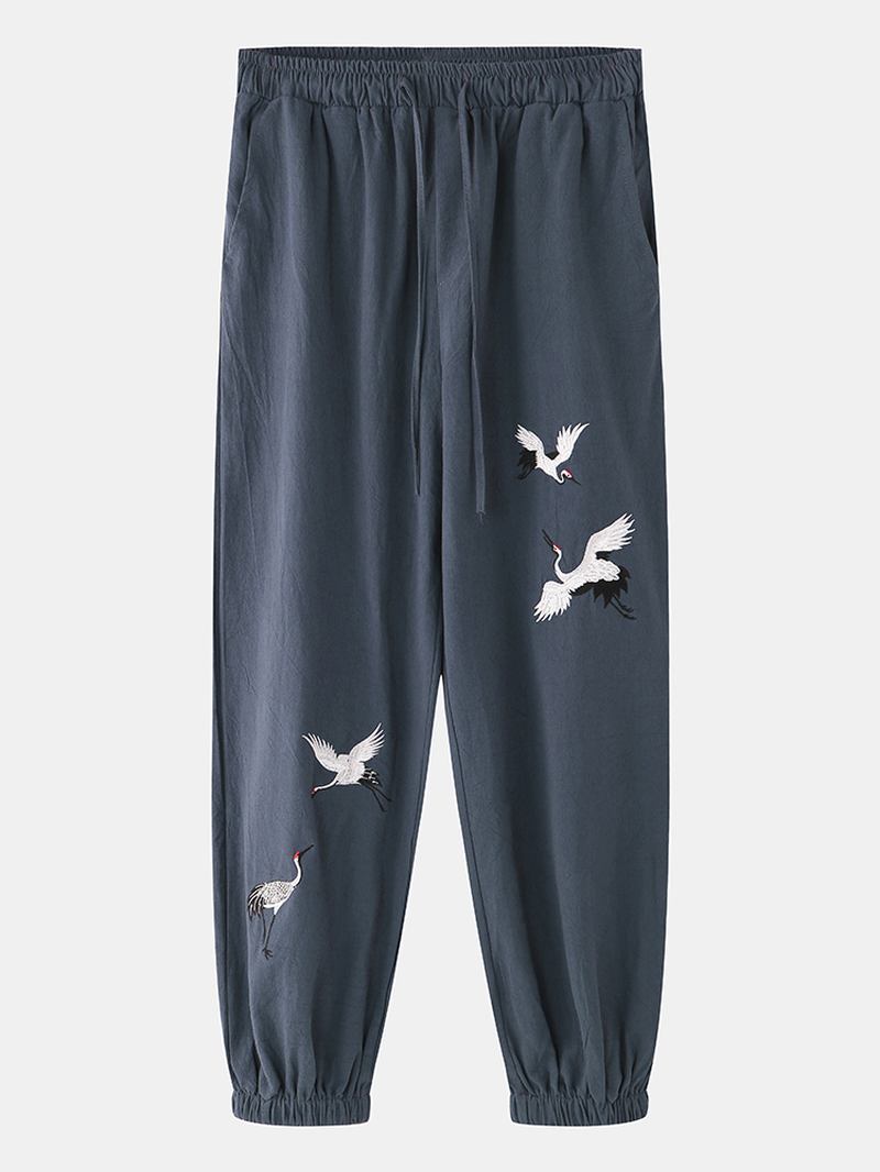Män Casual White Crane Broderi Hem Harem Byxor