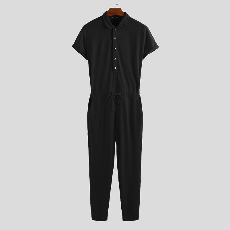 Män Kortärmad Jumpsuit Lapel Neck Romper Bodybuilding Overall Byxor Playsuit
