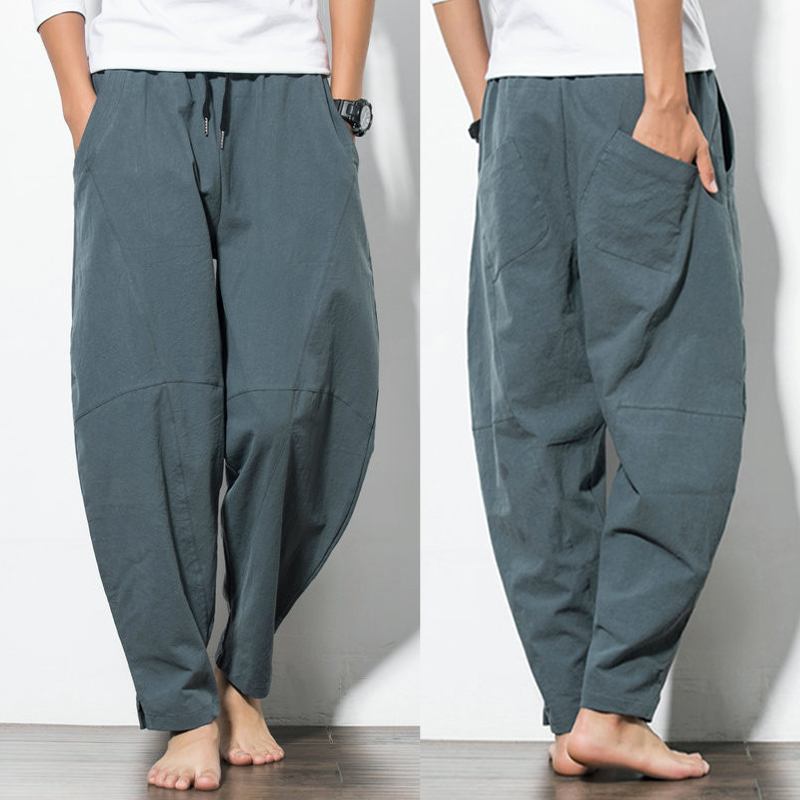 Mäns Byxor Med Lösa Vida Ben Enfärgade Casual Baggy Andas Bomullsharemsbyxor
