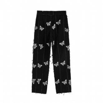 Ming Series Butterfly Tryck Straight Leg Byxor Hip-hop Street Personlighet Stitching