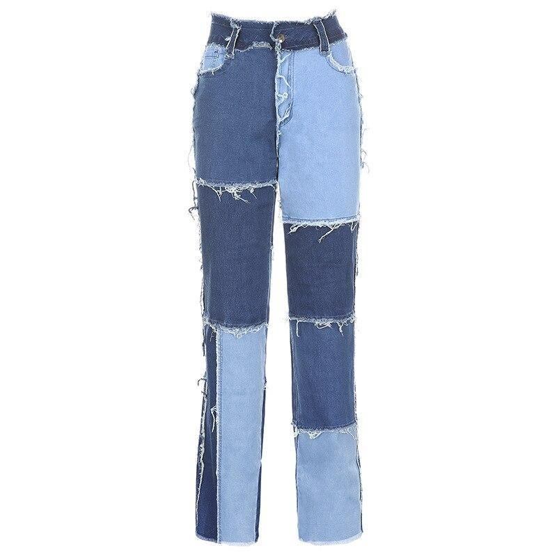 Patchwork Kontrast Färg Hip Hop Byxor Dam High Waist Street Wear Tofs Jeans Casual Denim Byxor