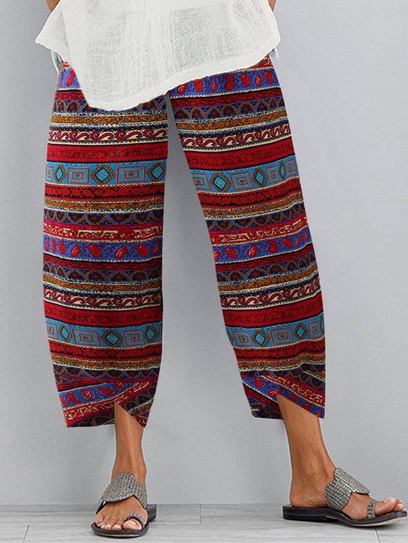 Retro Blommönster Elastisk Midja Oregelbunden Fåll Ficka Casual Byxor För Kvinnor