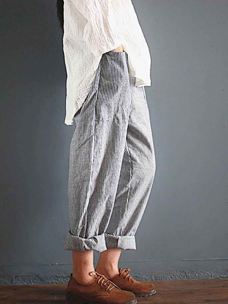 S-5xl Casual Stripe Pocket Elastisk Midja Kvinnor Harem Byxor