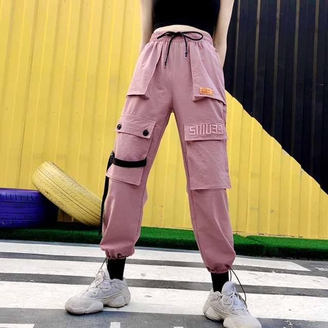 Spring Streetwear Broderi Dam Cargo Byxor Kvinnor Casual Joggers Solida Stora Pocket Byxor Hög Midja Lösa Kvinnliga Byxor