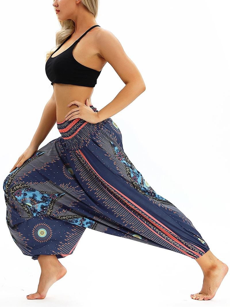 Thailändskt Etniskt Tryck Med Hög Midja Casual Lösa Yoga Harem Byxor