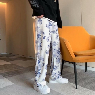 Tie-dyed Blommiga Wide-leg Byxor Män Lös Och Casual Mopping Golvet