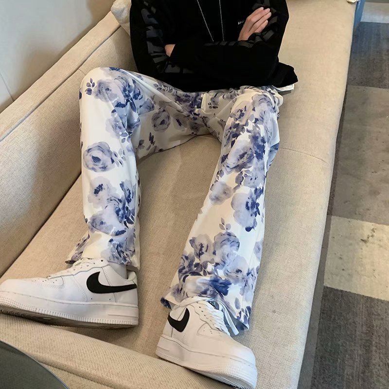 Tie-dyed Blommiga Wide-leg Byxor Män Lös Och Casual Mopping Golvet